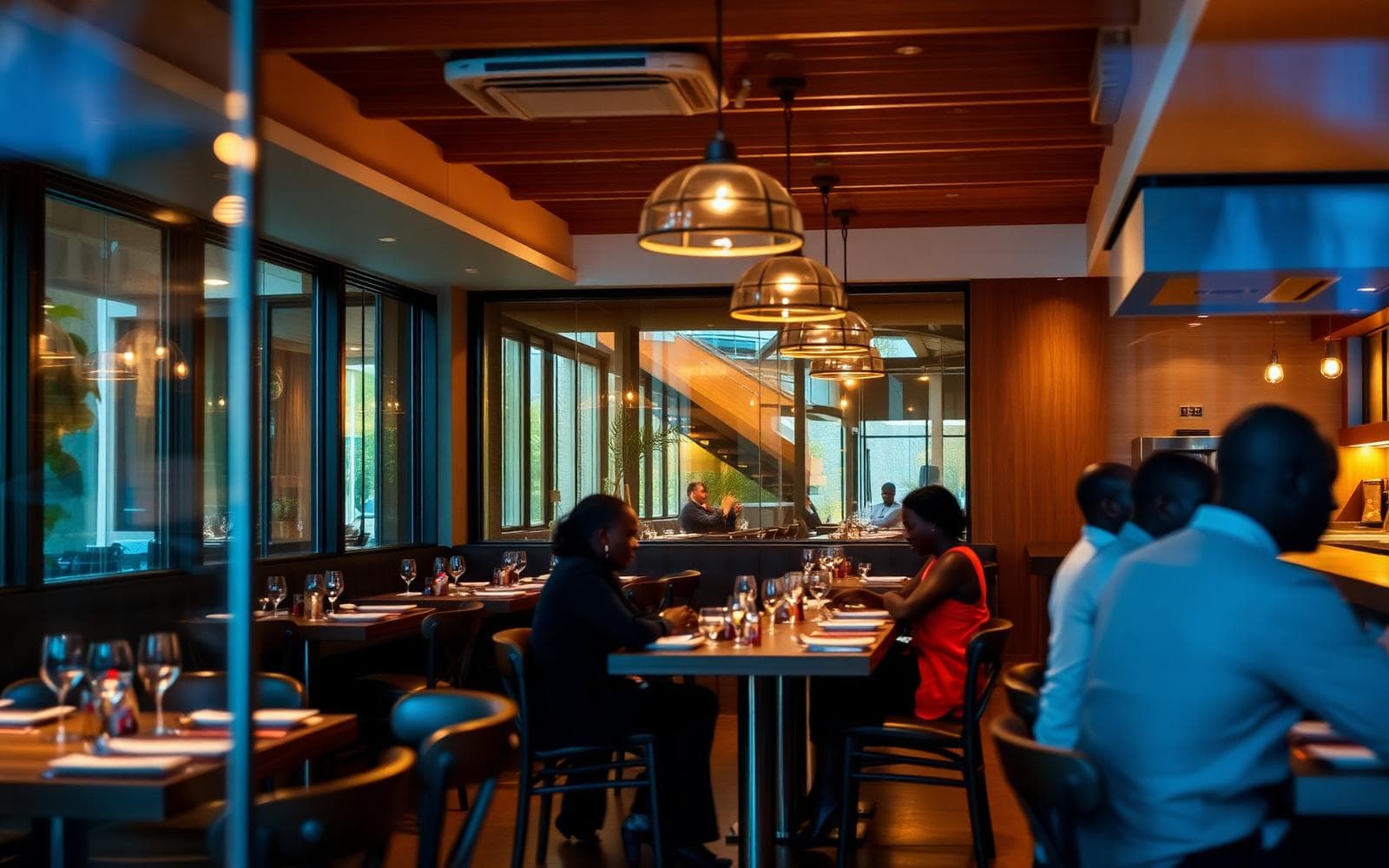 Restaurant hospitality campaign scene with Black guests dining